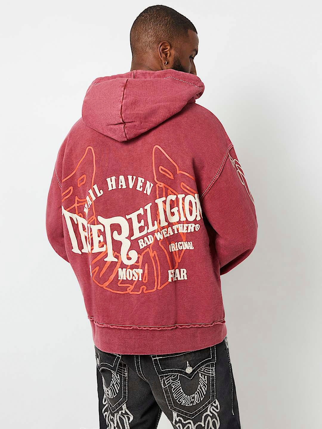 Shop True Religion Men Red Printed Hooded Full Sleeves Zipped