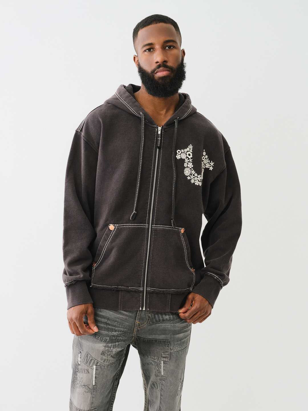 Shop True Religion Men Black Solid Hooded Full Sleeves Zipped