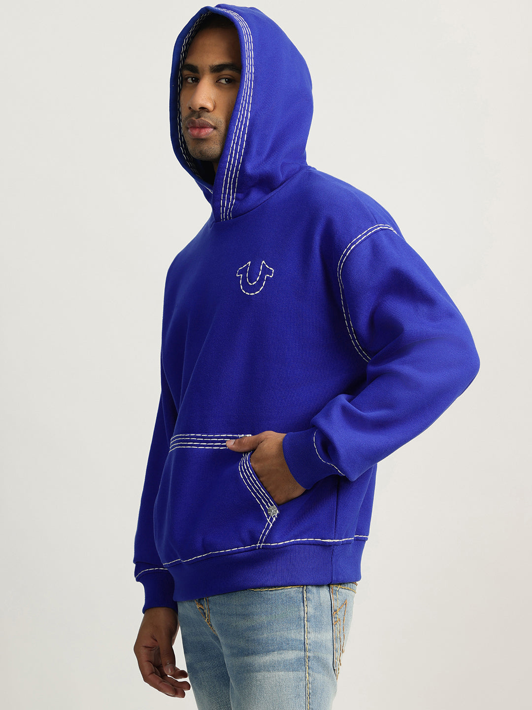 Shop True Religion Men Blue Self Design Hooded Full Sleeves