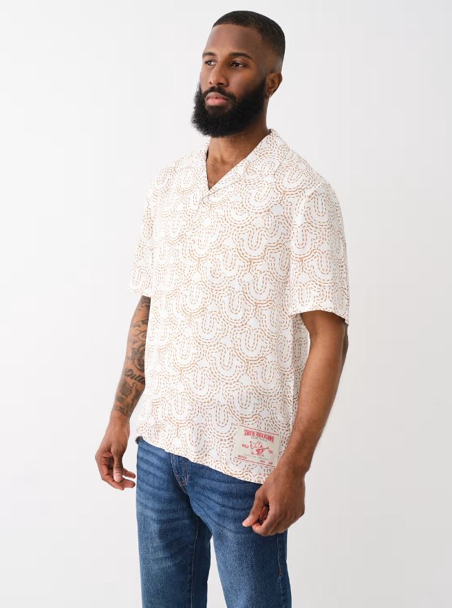 True Religion Men Beige Printed Cuban Collar Short Sleeves Shirt