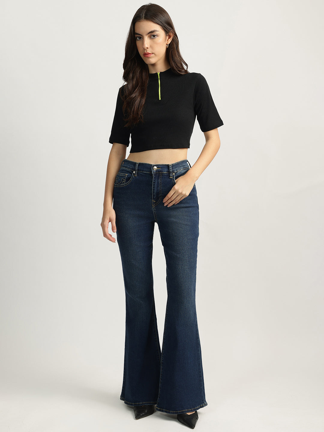 True Religion Women Blue Washed High-Rise Flare Fit Jeans