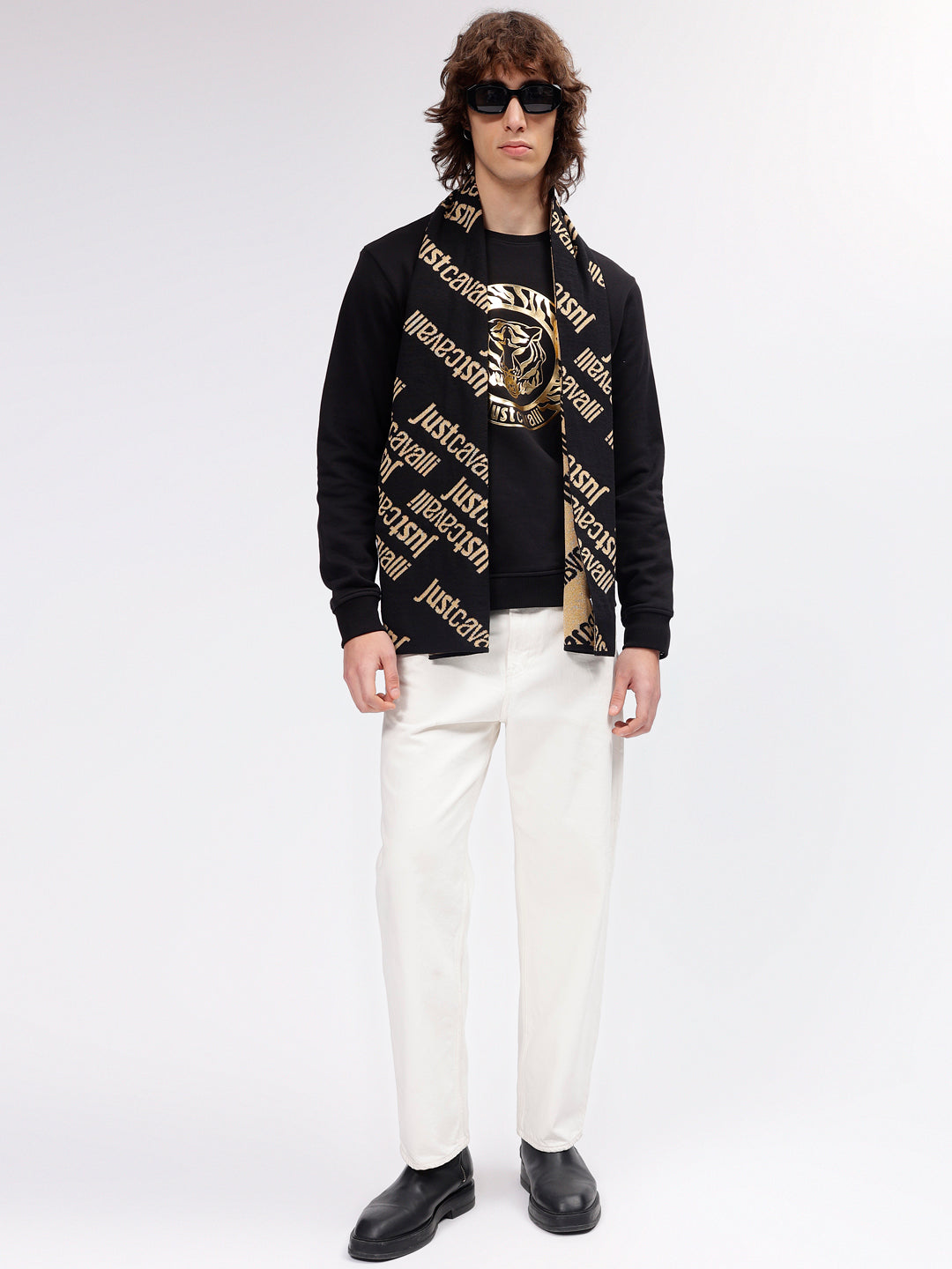 Just Cavalli Men Black Printed Typography Muffler