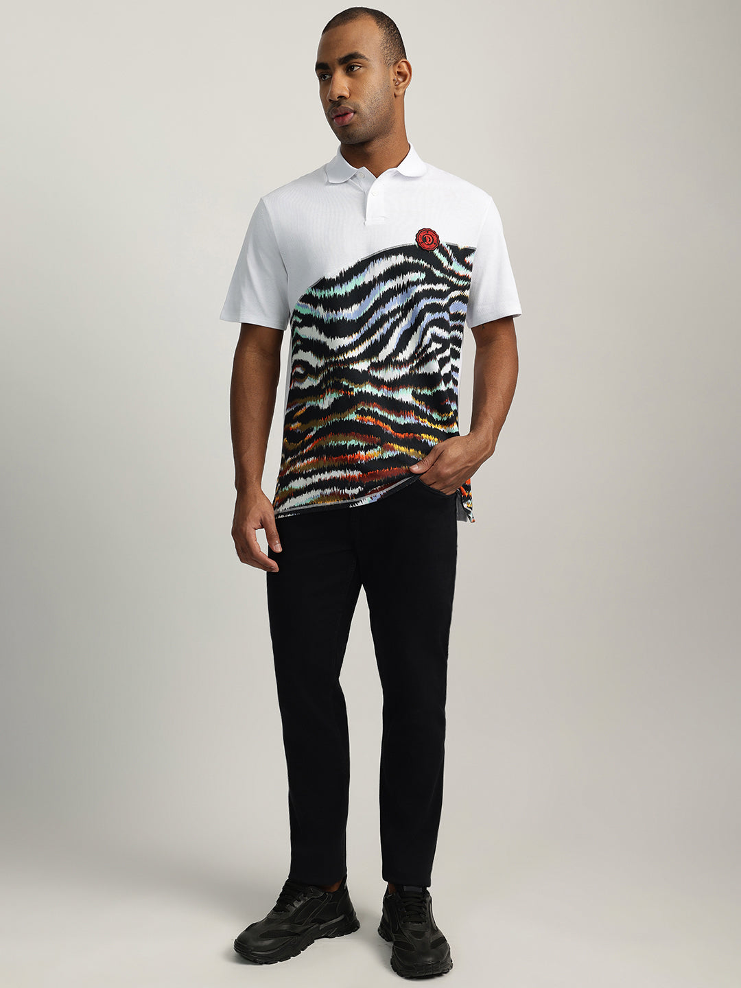 Just Cavalli Men White Printed Collared Short Sleeves Polo Tshirt