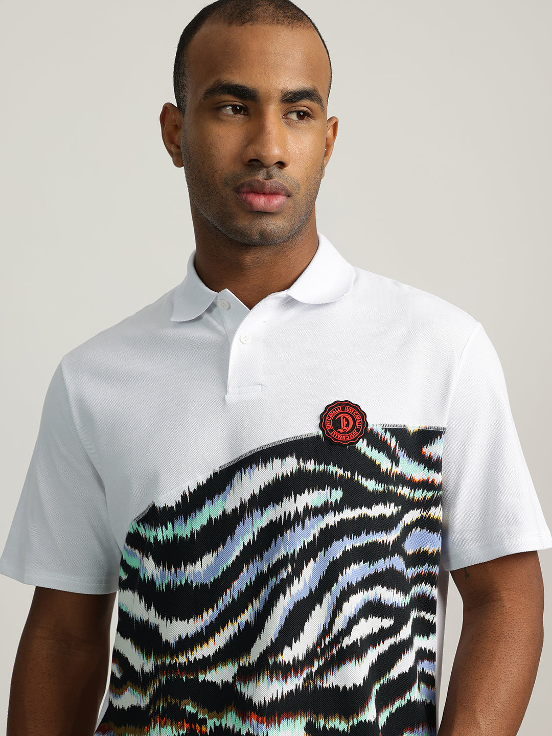 Just Cavalli Men White Printed Collared Short Sleeves Polo Tshirt