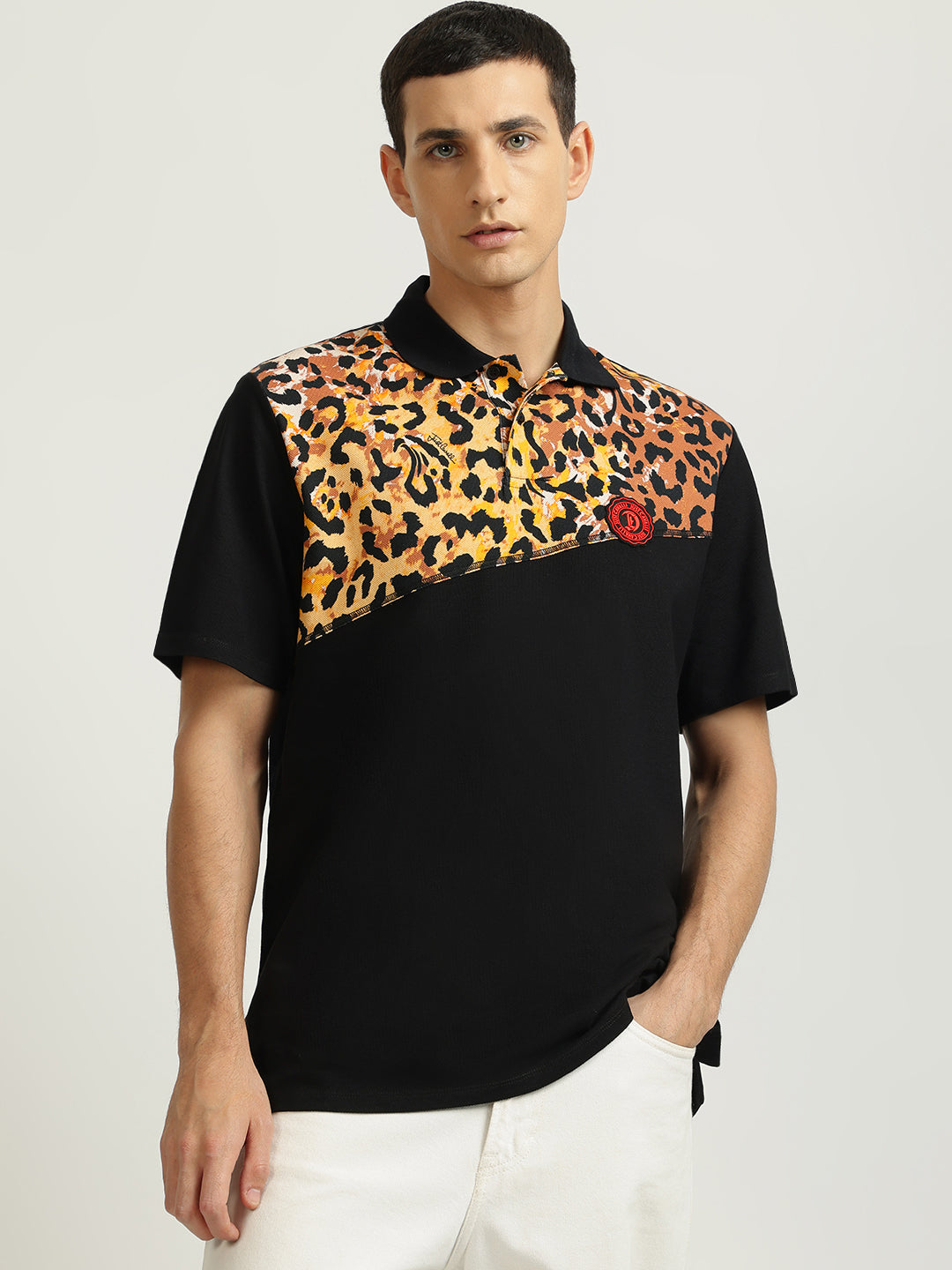 Just Cavalli Men Black Printed Polo Collar Short Sleeves Tshirt