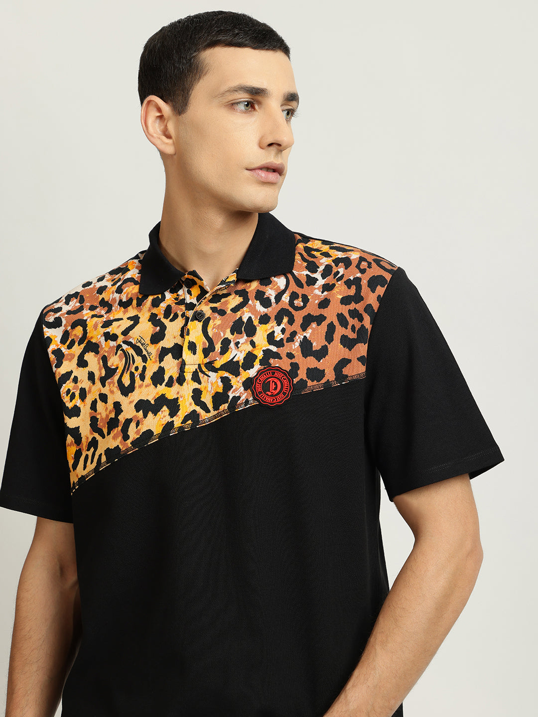 Just Cavalli Men Black Printed Polo Collar Short Sleeves Tshirt