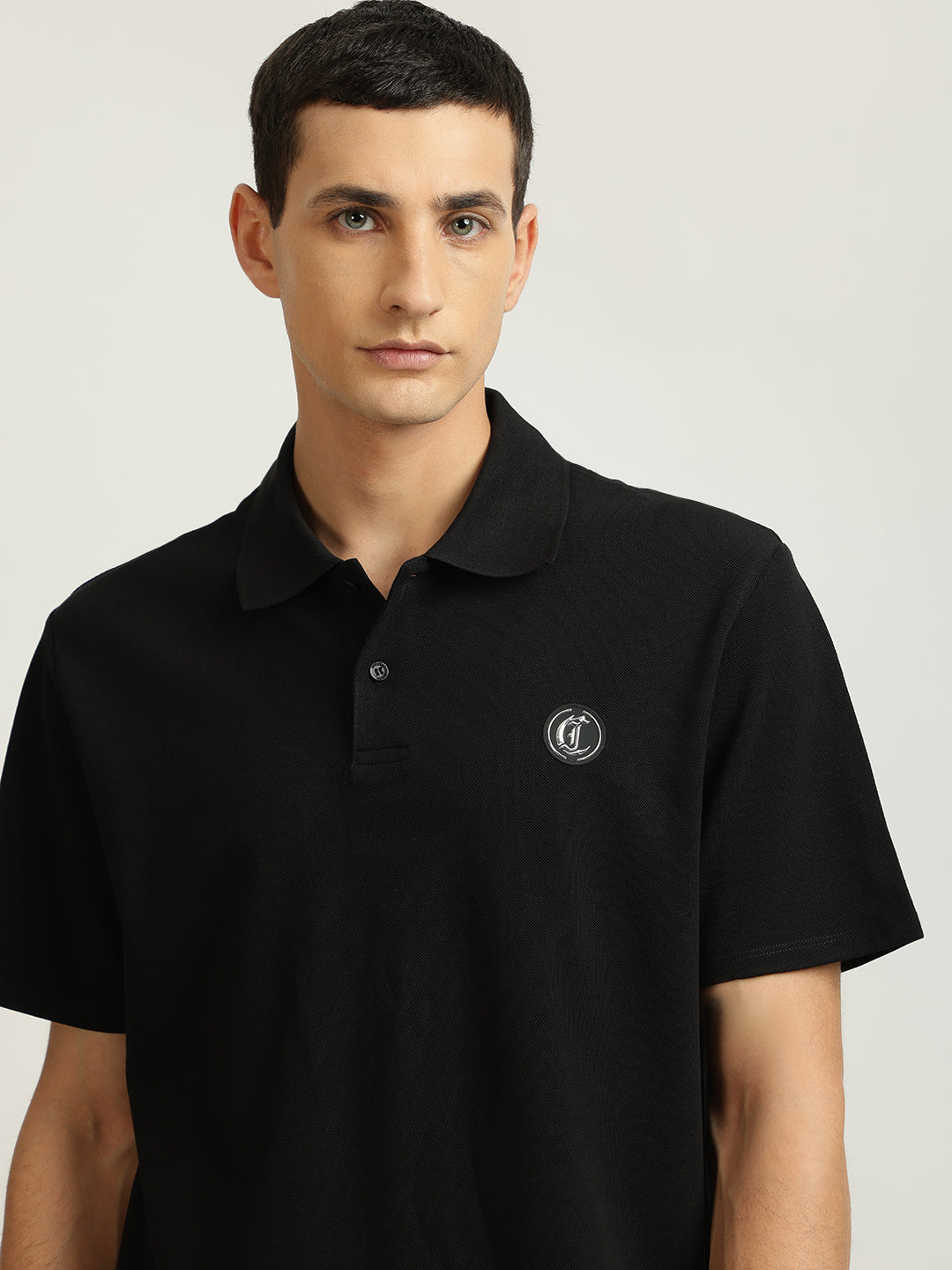 Just Cavalli Men Black Solid Polo Collar Short Sleeves Tshirt