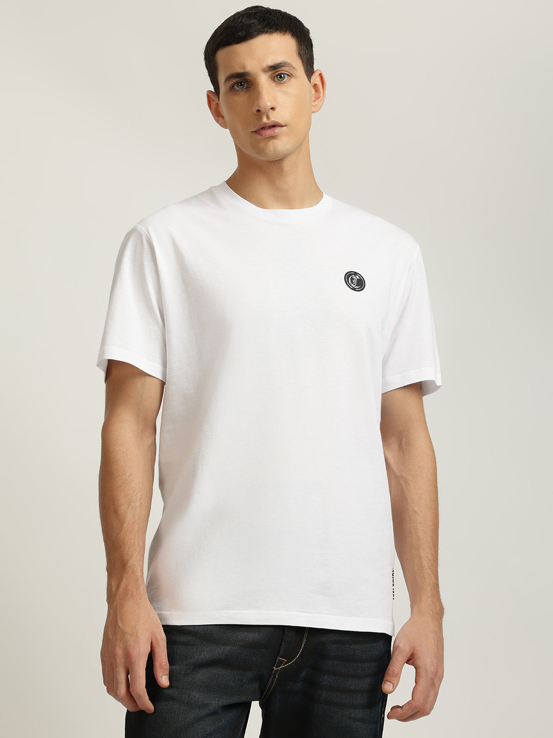 Just Cavalli Men White Solid Round Neck Short Sleeves Tshirt
