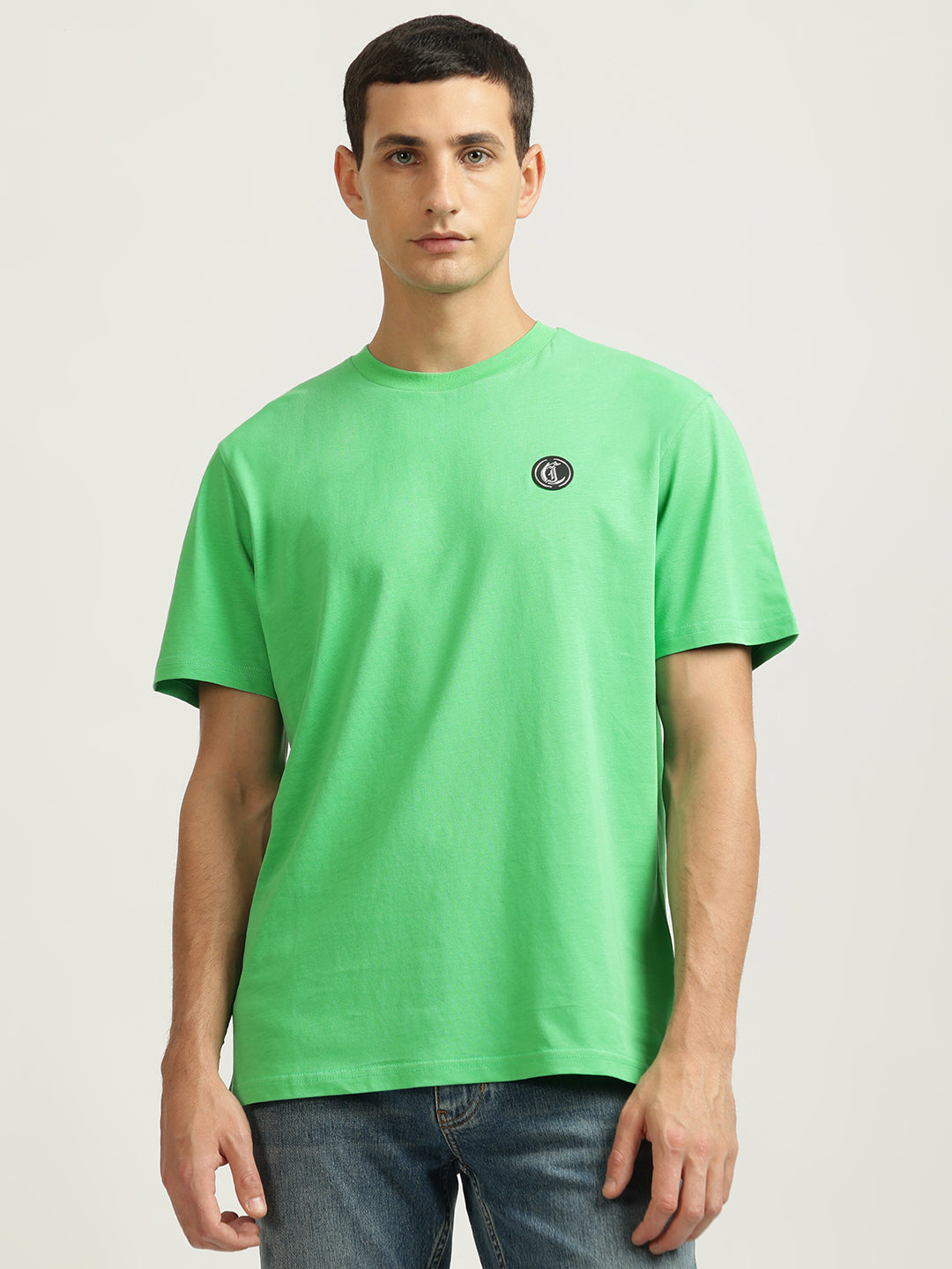 Just Cavalli Men Green Solid Round Neck Short Sleeves Tshirt