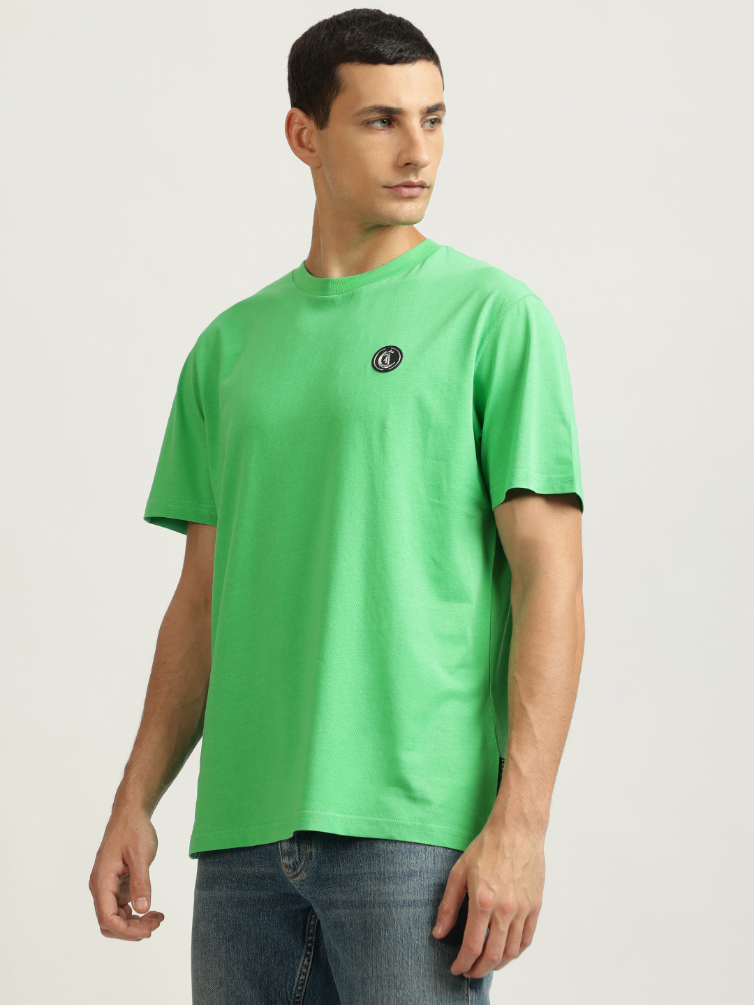 Just Cavalli Men Green Solid Round Neck Short Sleeves Tshirt