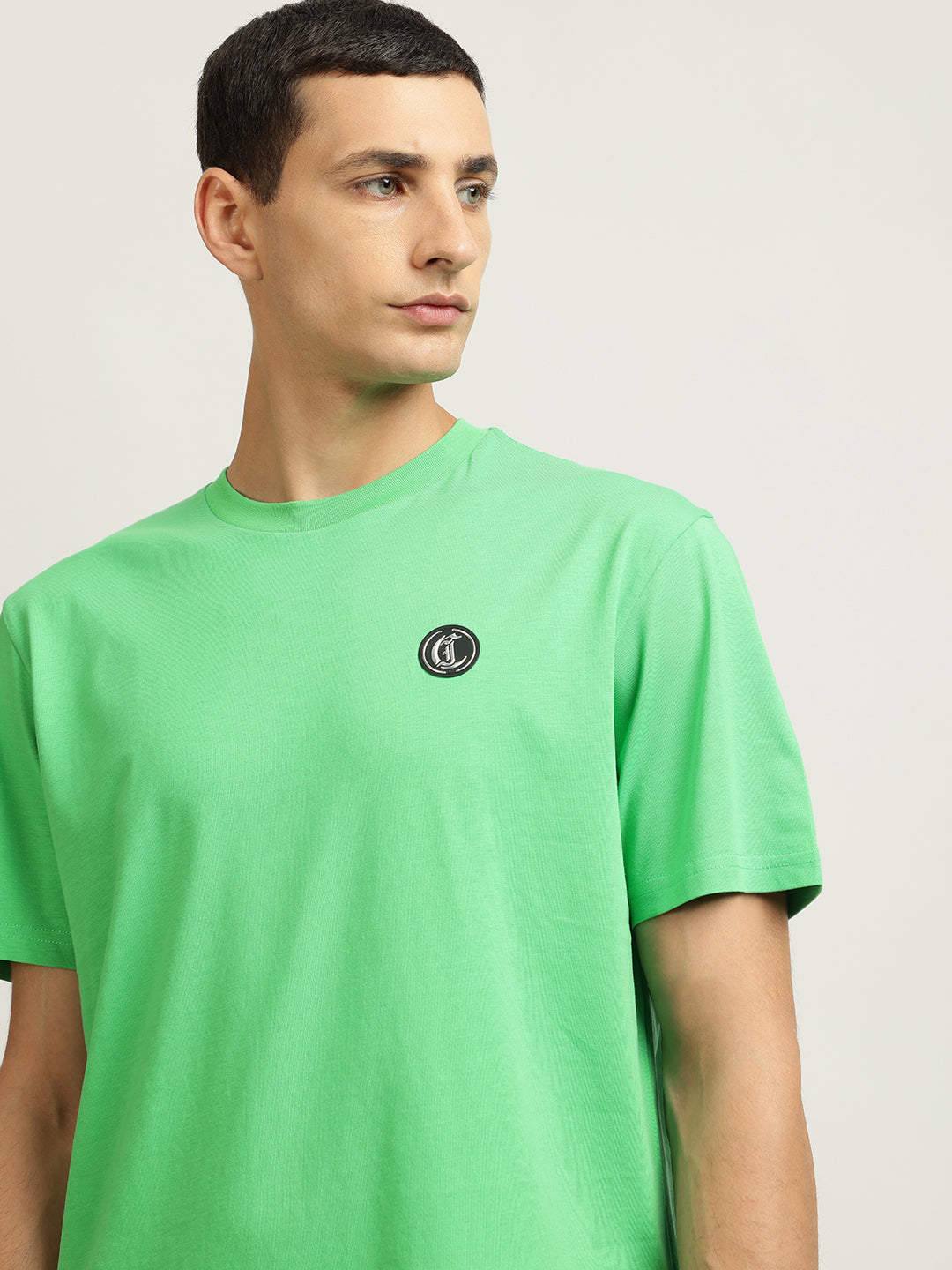 Just Cavalli Men Green Solid Round Neck Short Sleeves Tshirt