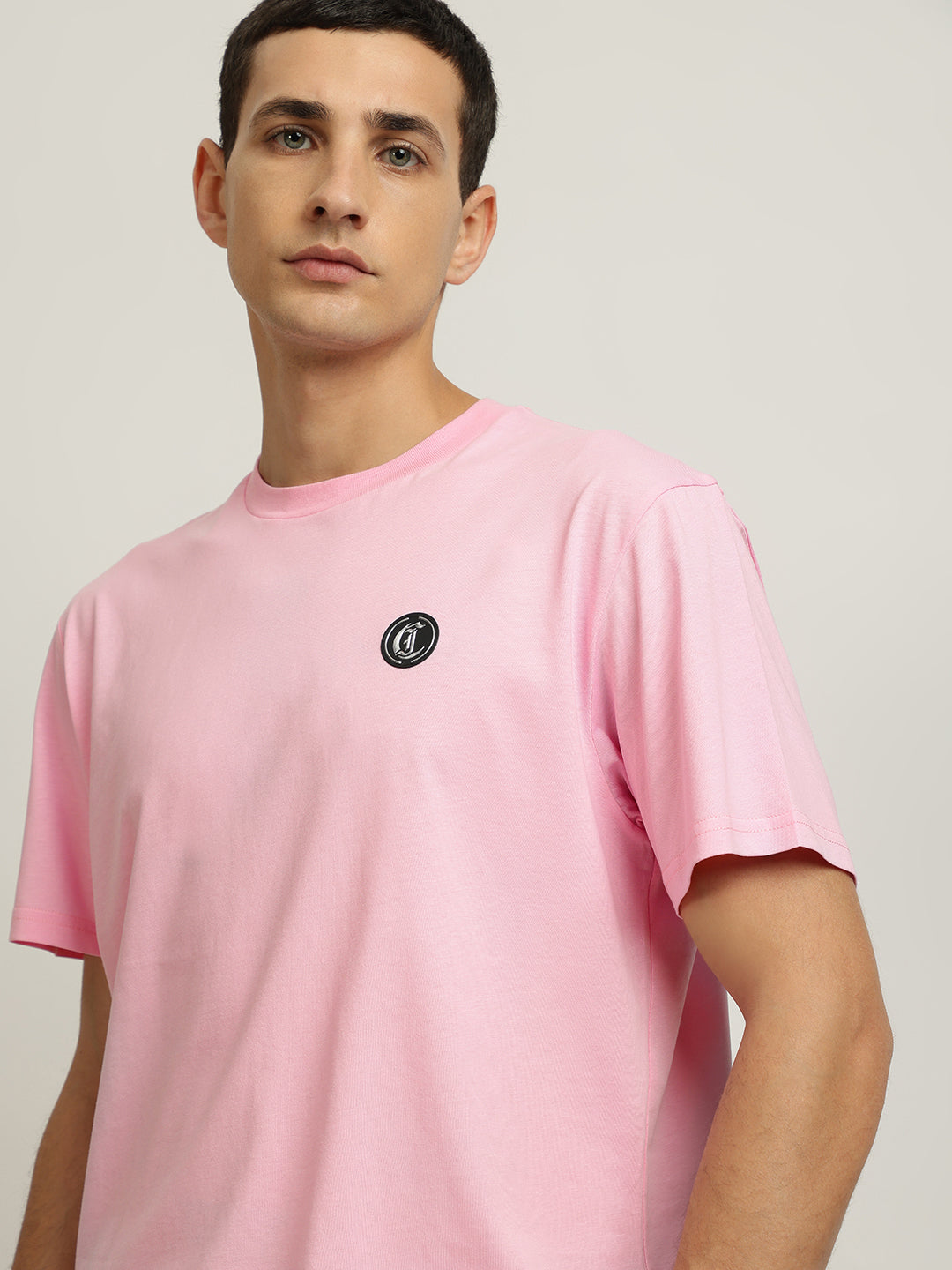 Just Cavalli Men Pink Solid Round Neck Short Sleeves Tshirt