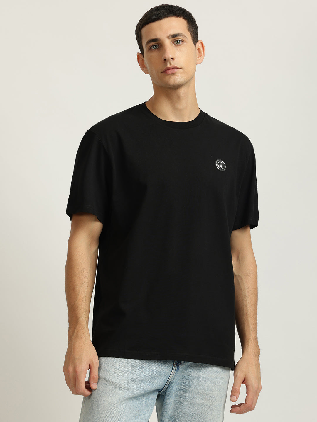 Just Cavalli Men Black Solid Round Neck Short Sleeves Tshirt