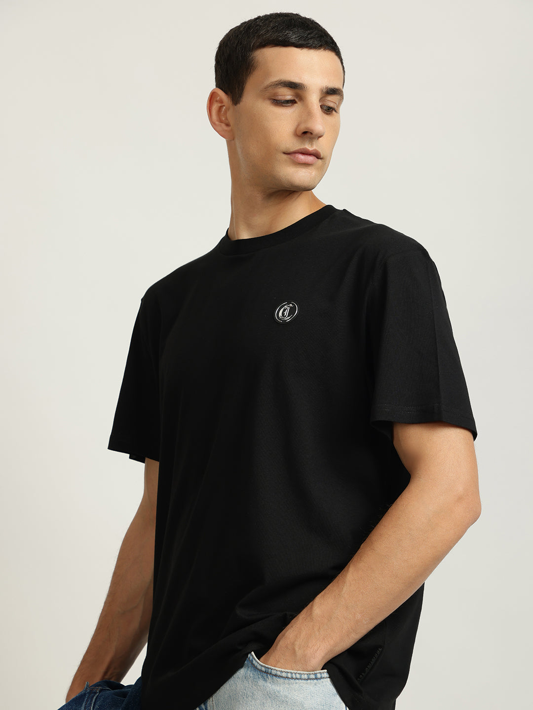 Just Cavalli Men Black Solid Round Neck Short Sleeves Tshirt