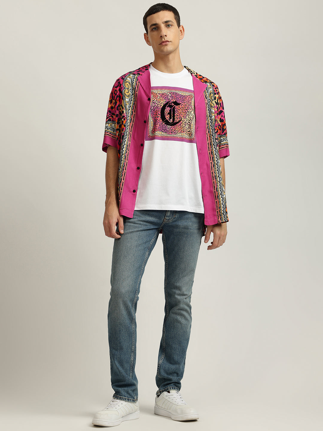 Just Cavalli Men White Printed Round Neck Short Sleeves Tshirt