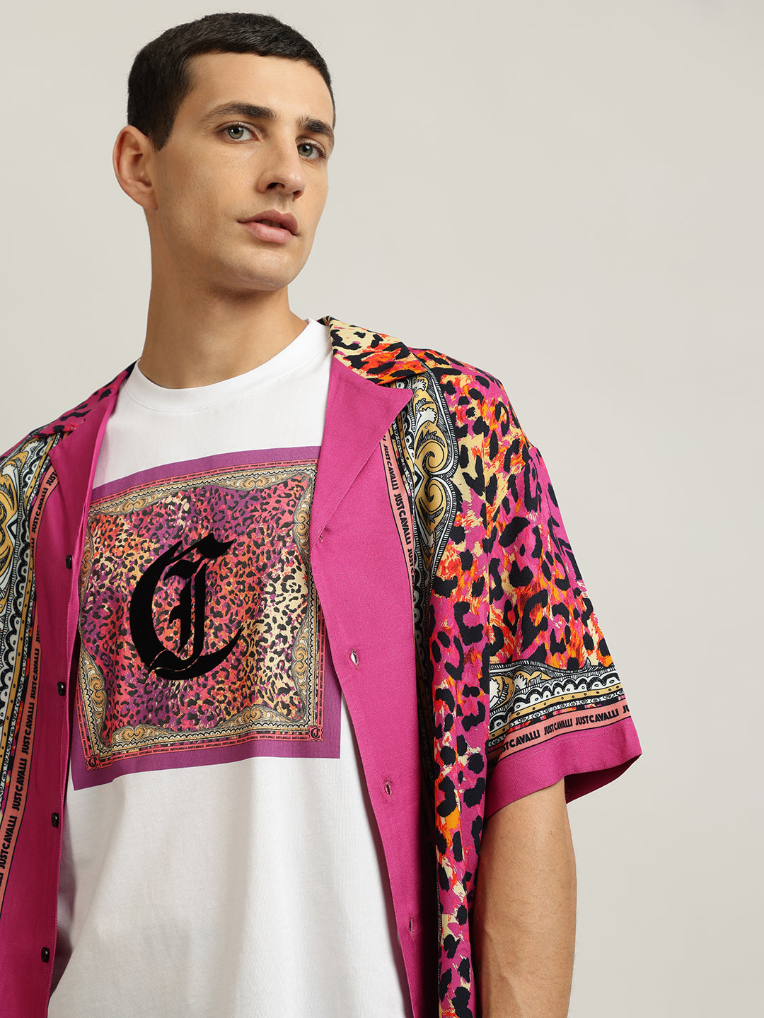 Just Cavalli Men White Printed Round Neck Short Sleeves Tshirt