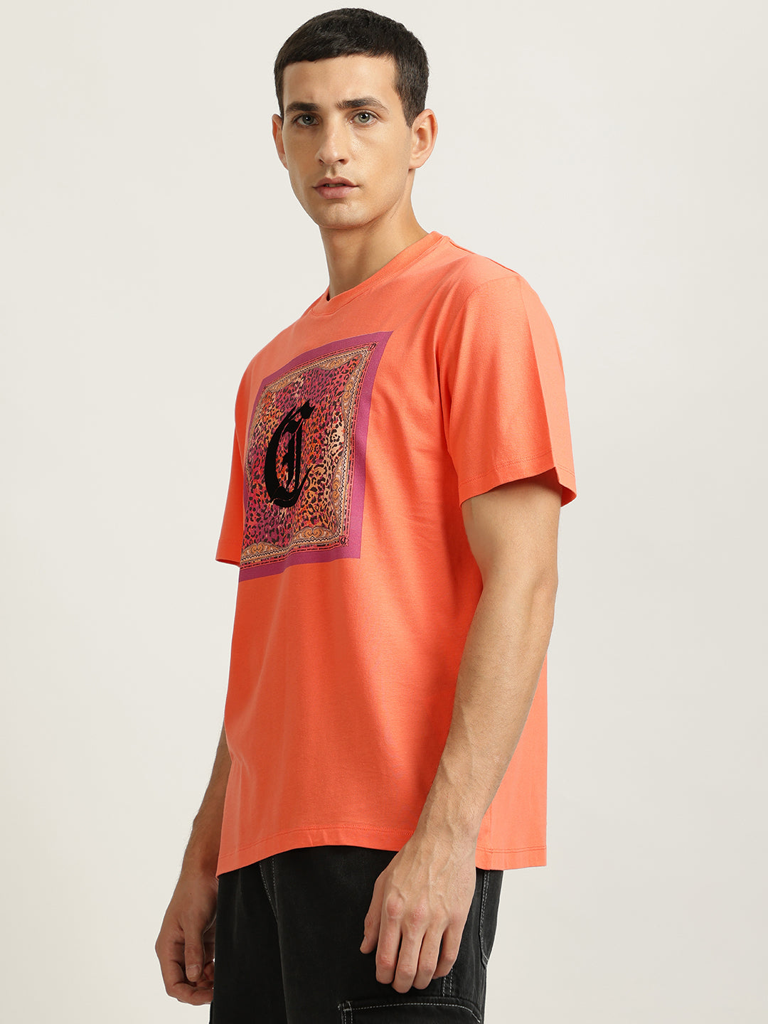 Just Cavalli Men Coral Printed Round Neck Short Sleeves Tshirt
