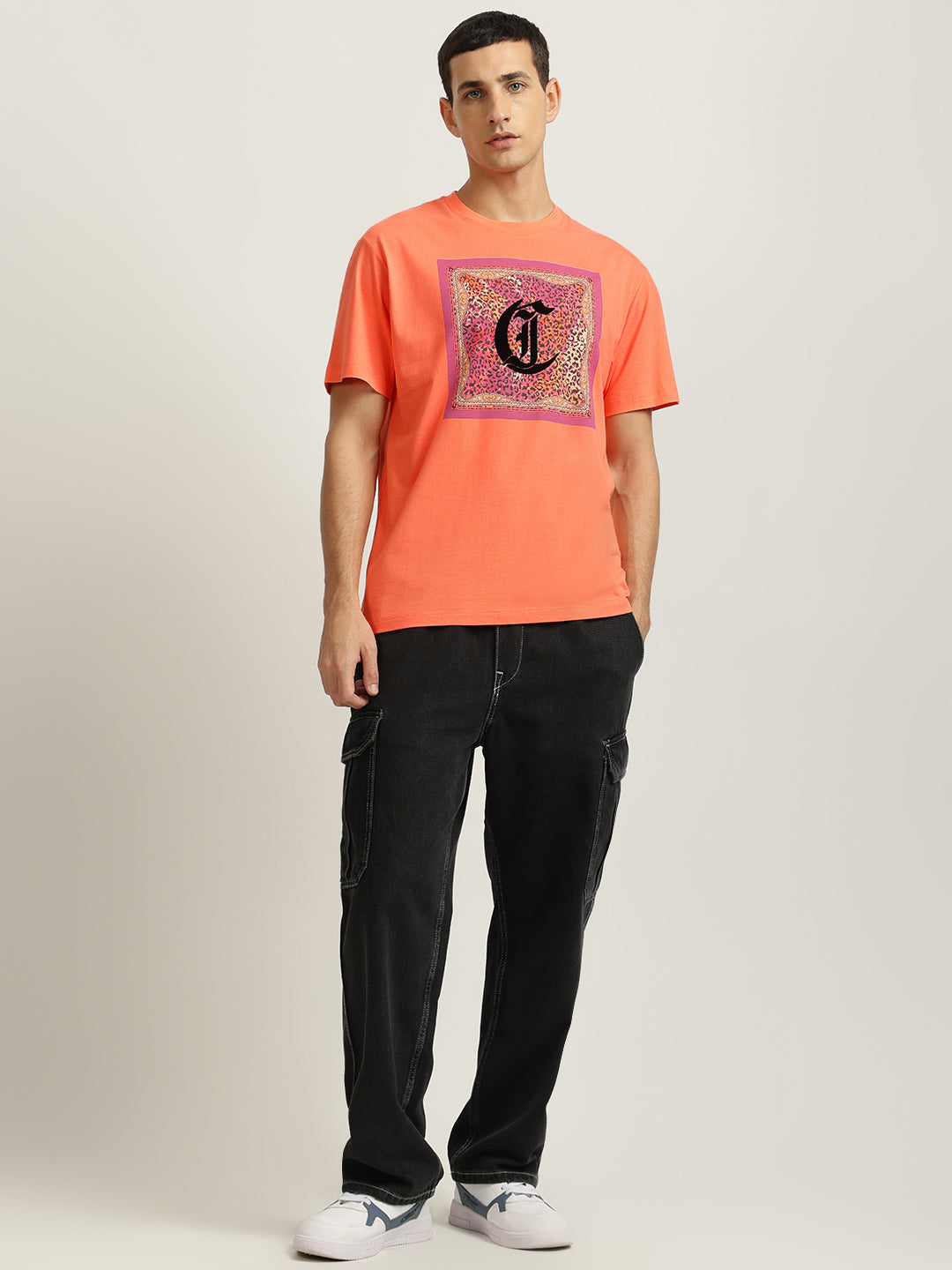 Just Cavalli Men Coral Printed Round Neck Short Sleeves Tshirt