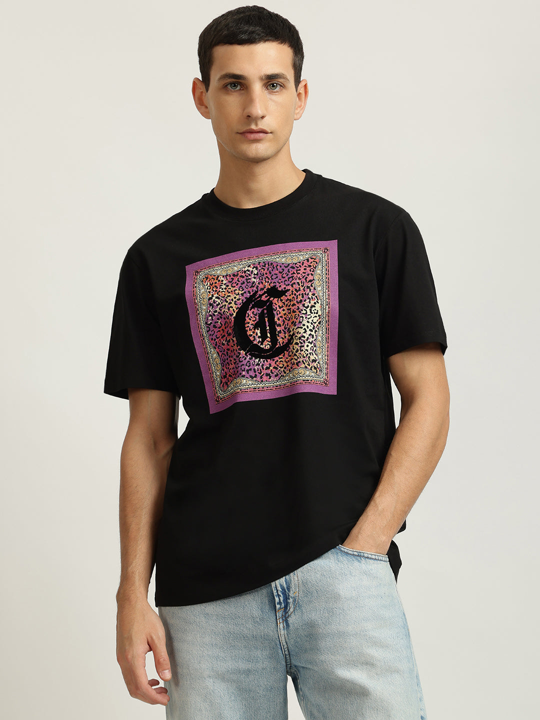 Just Cavalli Men Black Printed Round Neck Short Sleeves Tshirt