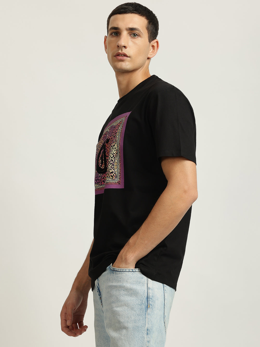 Just Cavalli Men Black Printed Round Neck Short Sleeves Tshirt