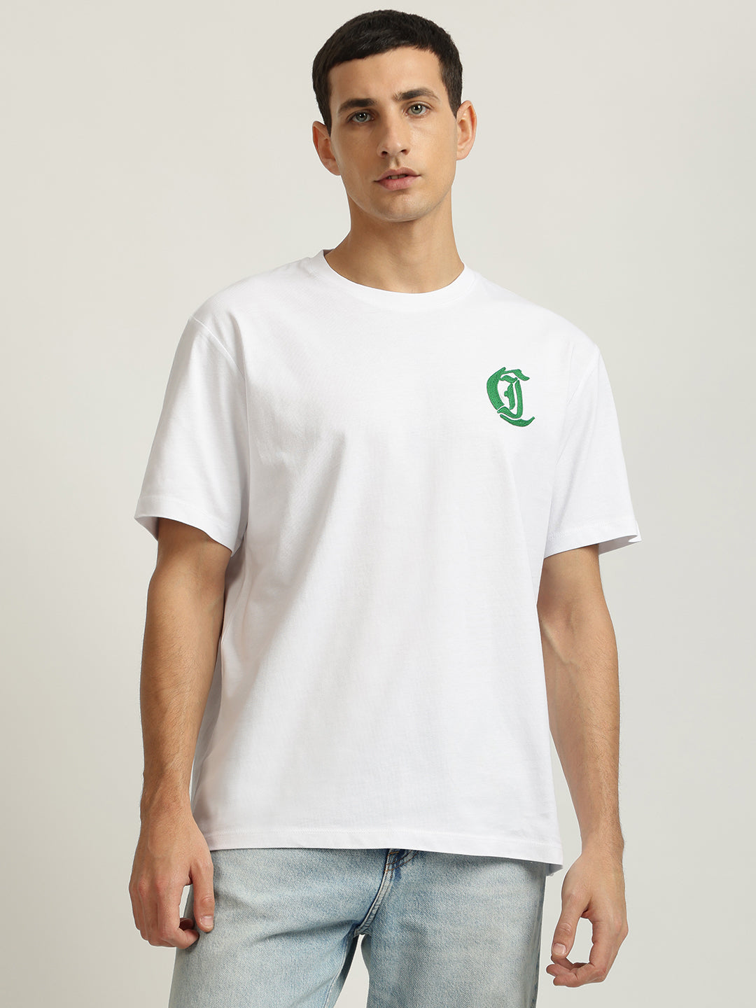 Just Cavalli Men White Solid Round Neck Short Sleeves Tshirt