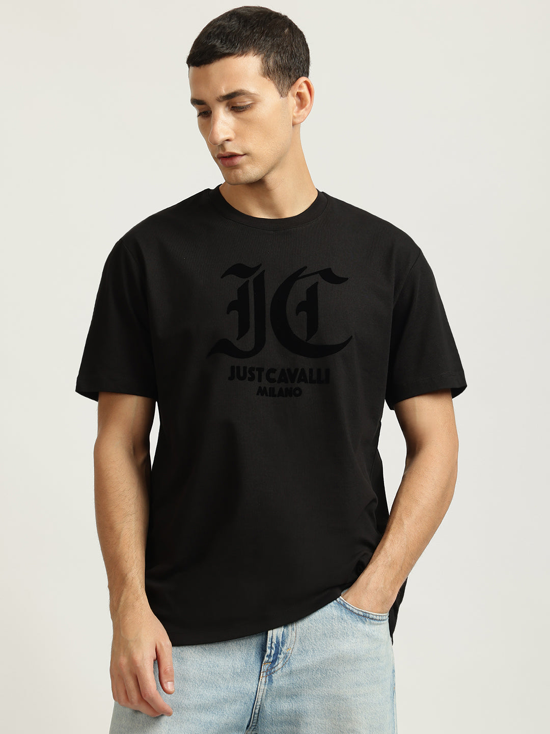 Just Cavalli Men Black Printed Round Neck Short Sleeves Tshirt