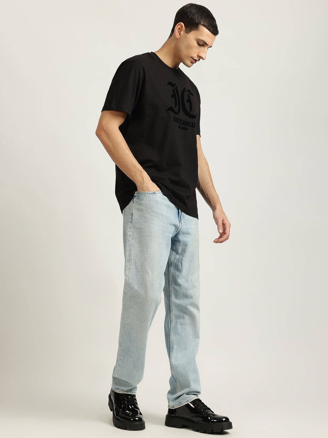 Just Cavalli Men Black Printed Round Neck Short Sleeves Tshirt