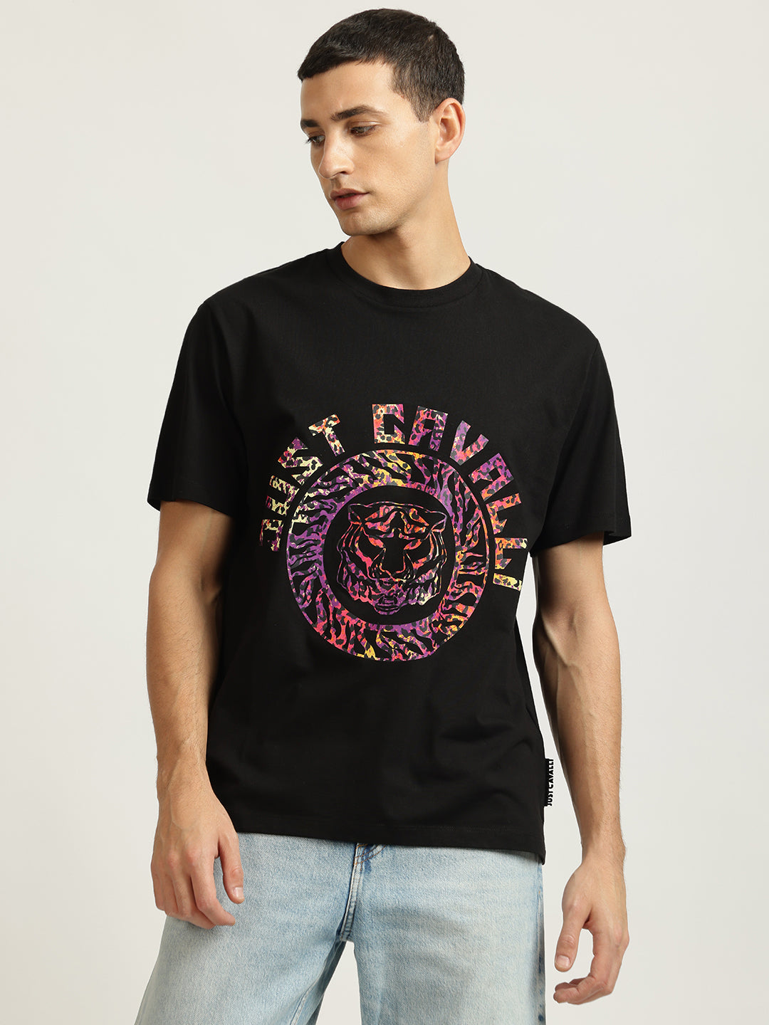 Just Cavalli Men Black Printed Round Neck Short Sleeves Tshirt