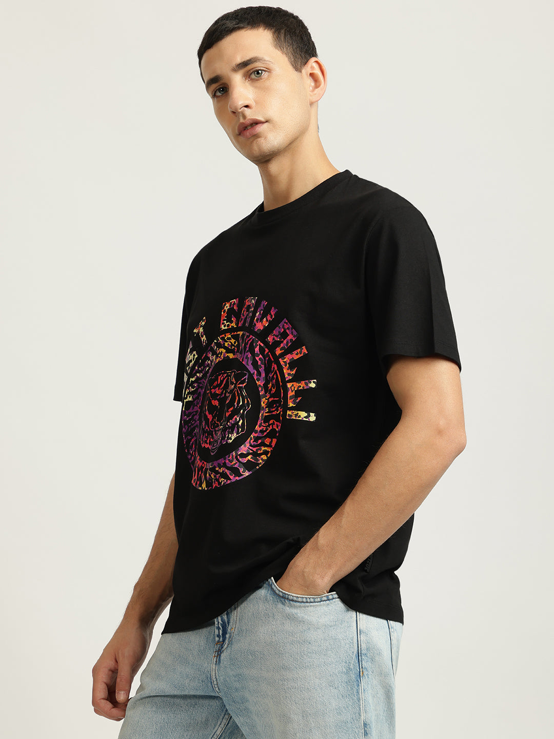 Just Cavalli Men Black Printed Round Neck Short Sleeves Tshirt