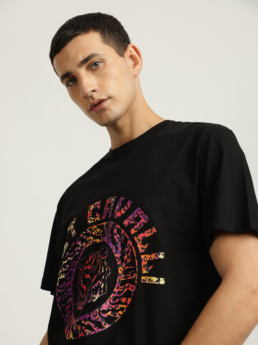 Just Cavalli Men Black Printed Round Neck Short Sleeves Tshirt