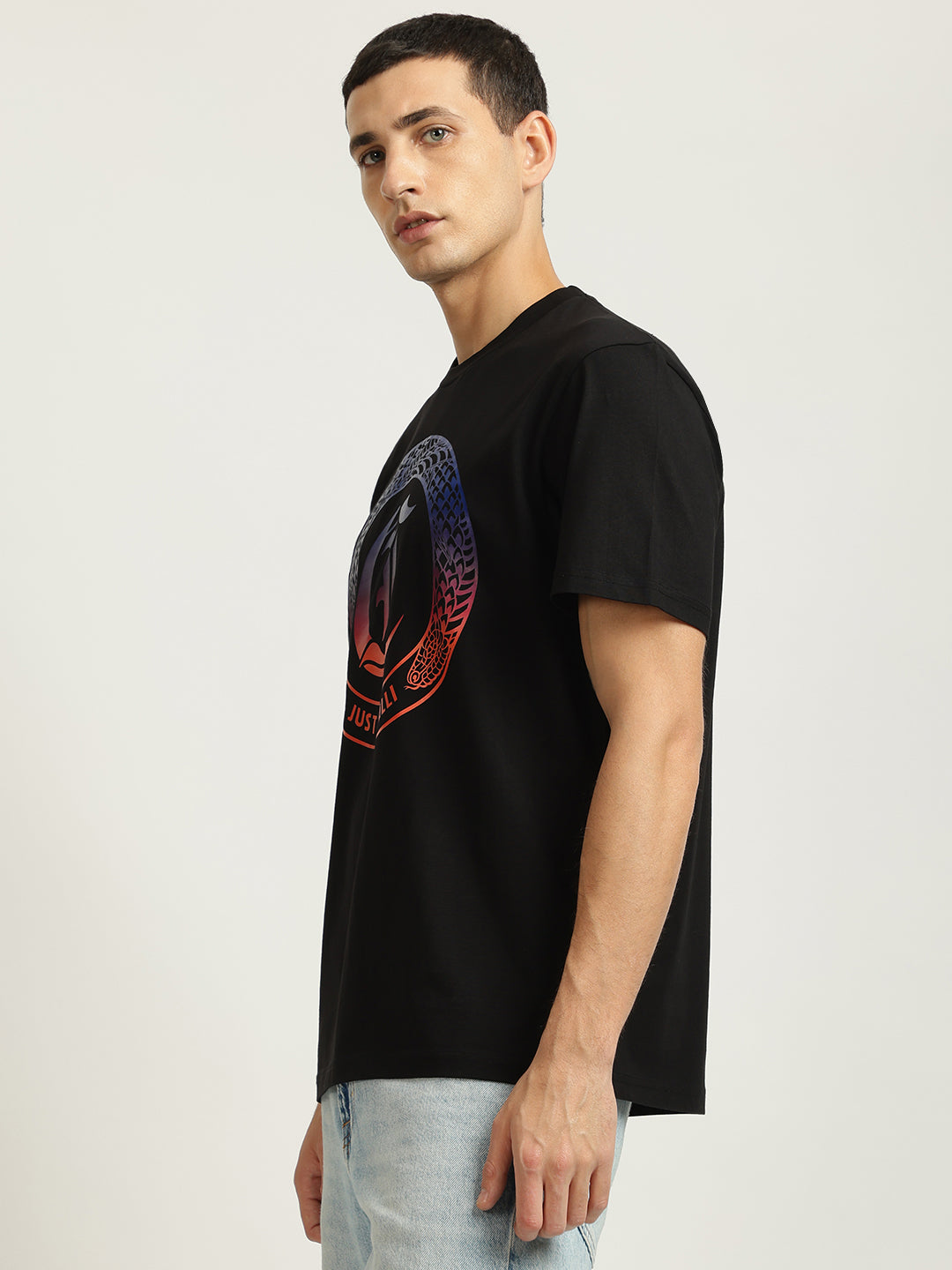 Just Cavalli Men Black Printed Round Neck Short Sleeves Tshirt