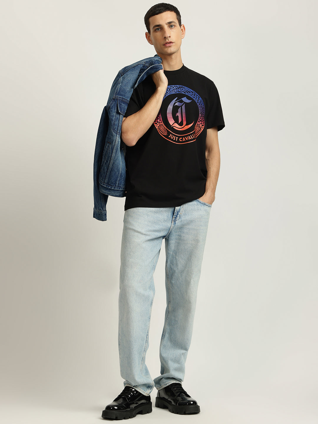 Just Cavalli Men Black Printed Round Neck Short Sleeves Tshirt