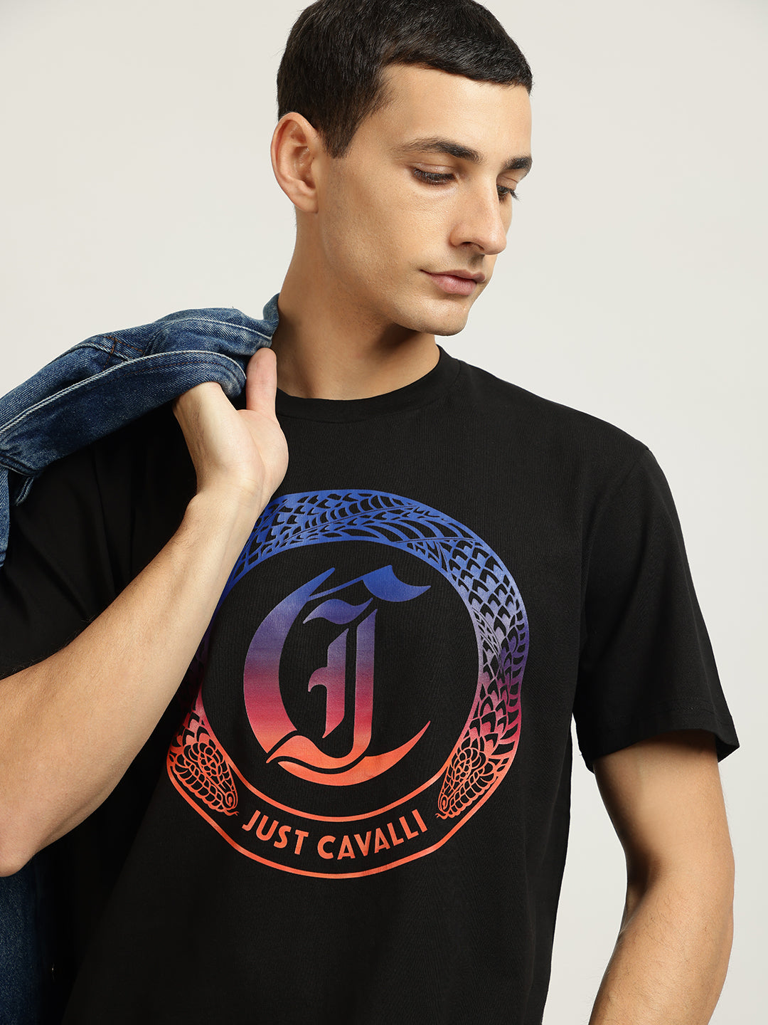 Just Cavalli Men Black Printed Round Neck Short Sleeves Tshirt