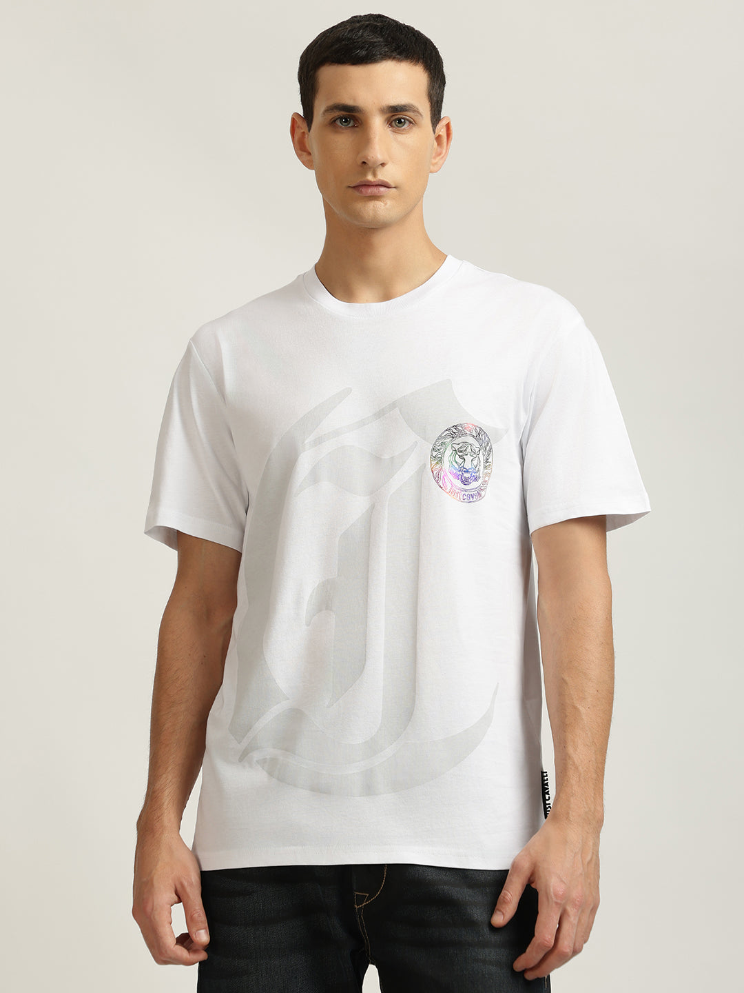 Just Cavalli Men White Printed Round Neck Short Sleeves Tshirt