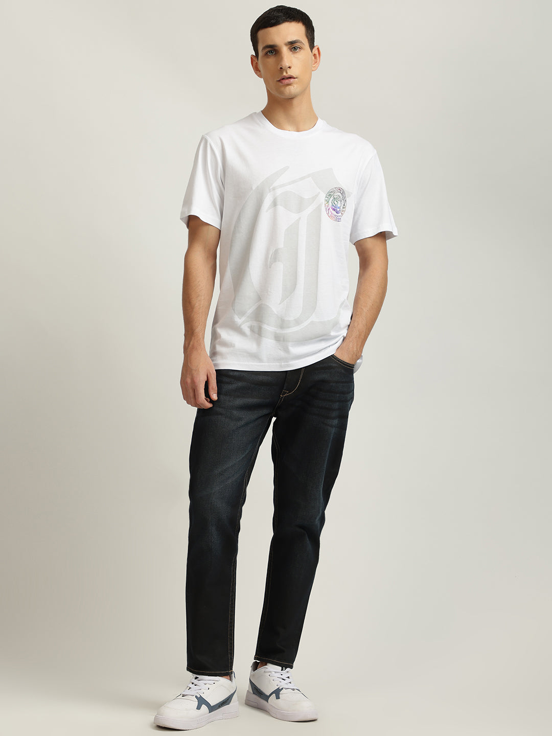 Just Cavalli Men White Printed Round Neck Short Sleeves Tshirt