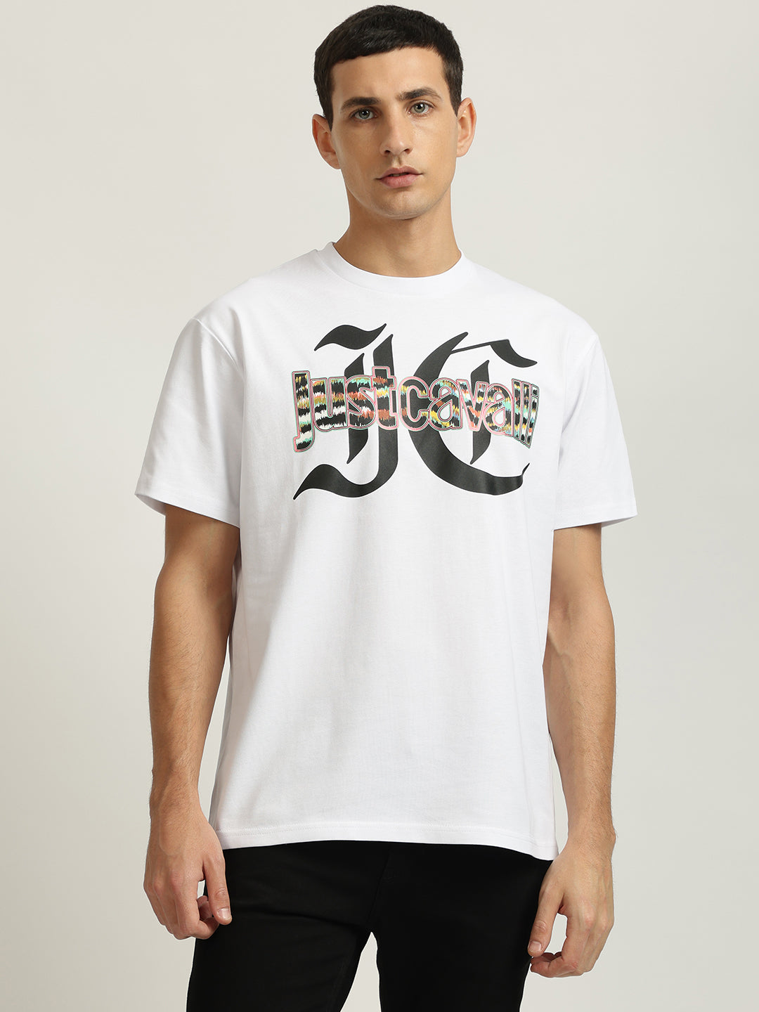 Just Cavalli Men White Printed Round Neck Short Sleeves Tshirt