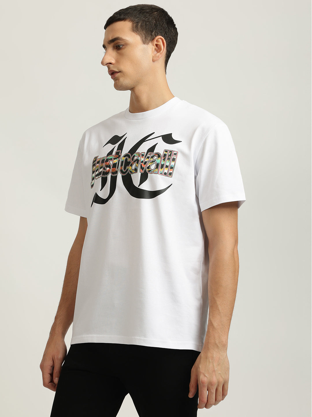 Just Cavalli Men White Printed Round Neck Short Sleeves Tshirt