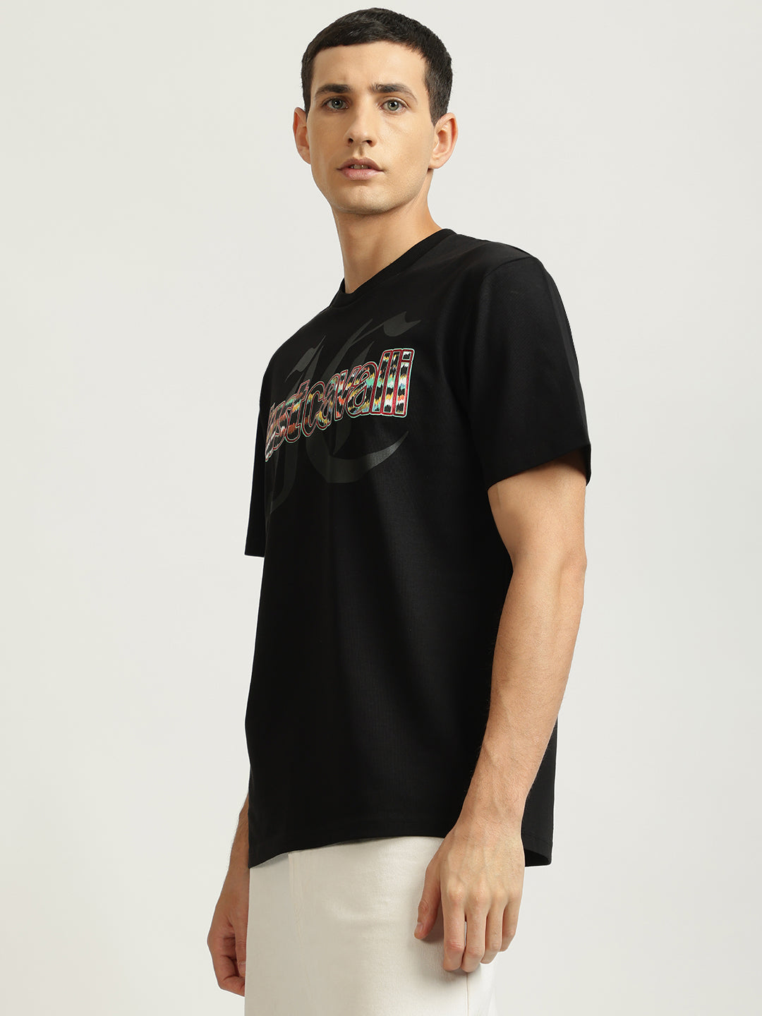 Just Cavalli Men Black Printed Round Neck Short Sleeves Tshirt