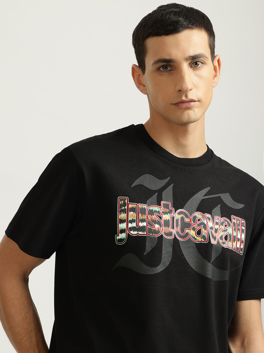Just Cavalli Men Black Printed Round Neck Short Sleeves Tshirt