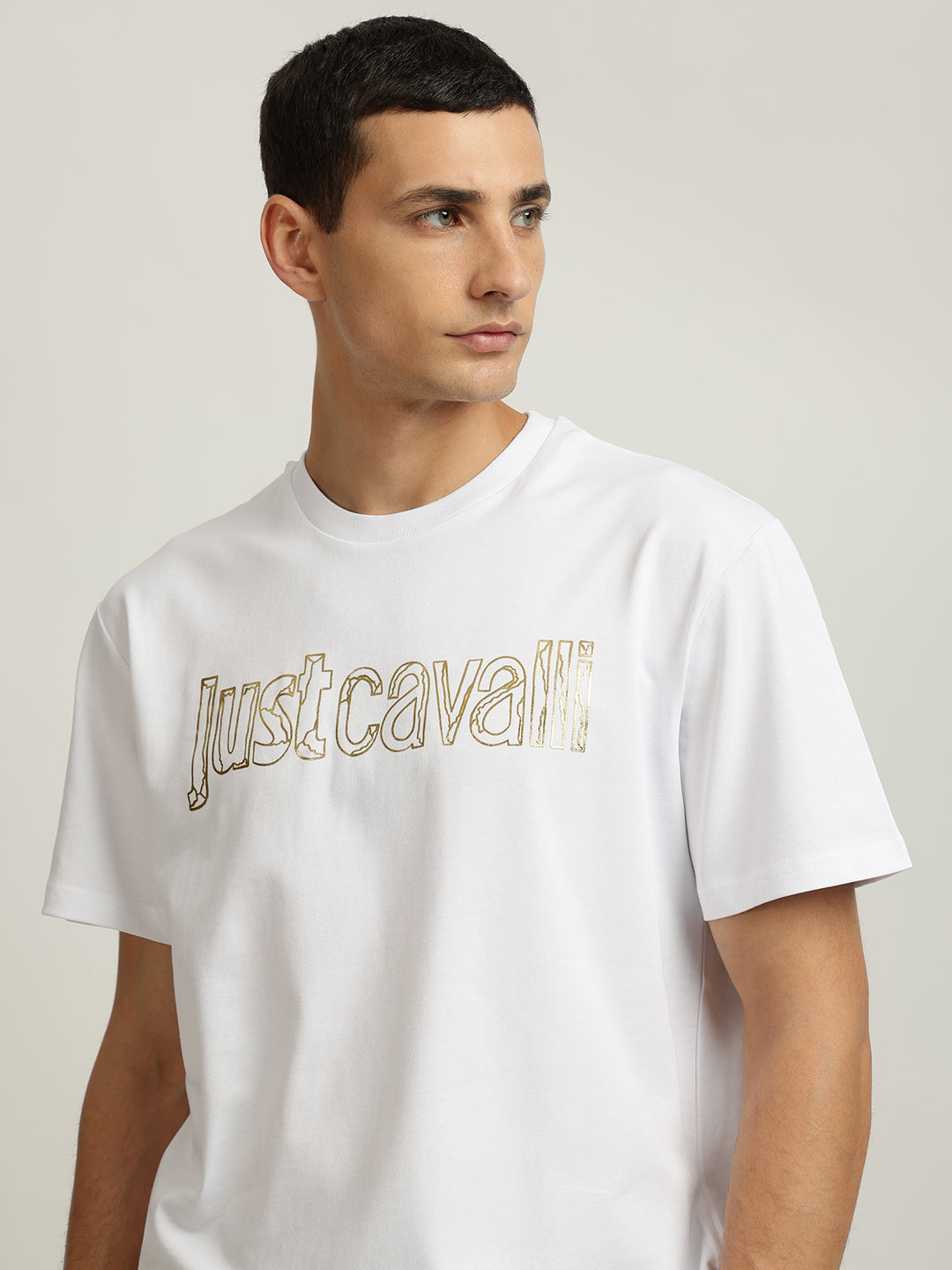Just Cavalli Men White Printed Round Neck Short Sleeves Tshirt
