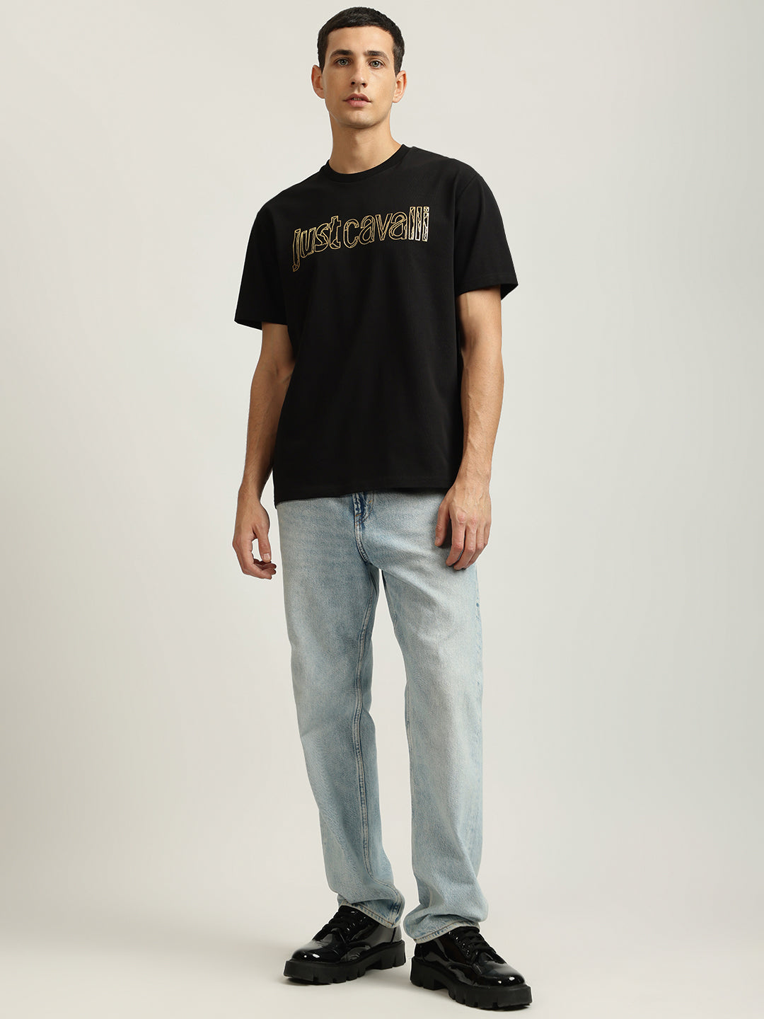 Just Cavalli Men Black Printed Round Neck Short Sleeves Tshirt