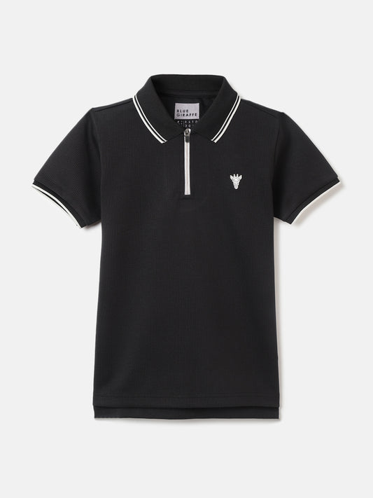 Blue Giraffe Boys Black Solid Polo Collar Short Sleeves Tshirt