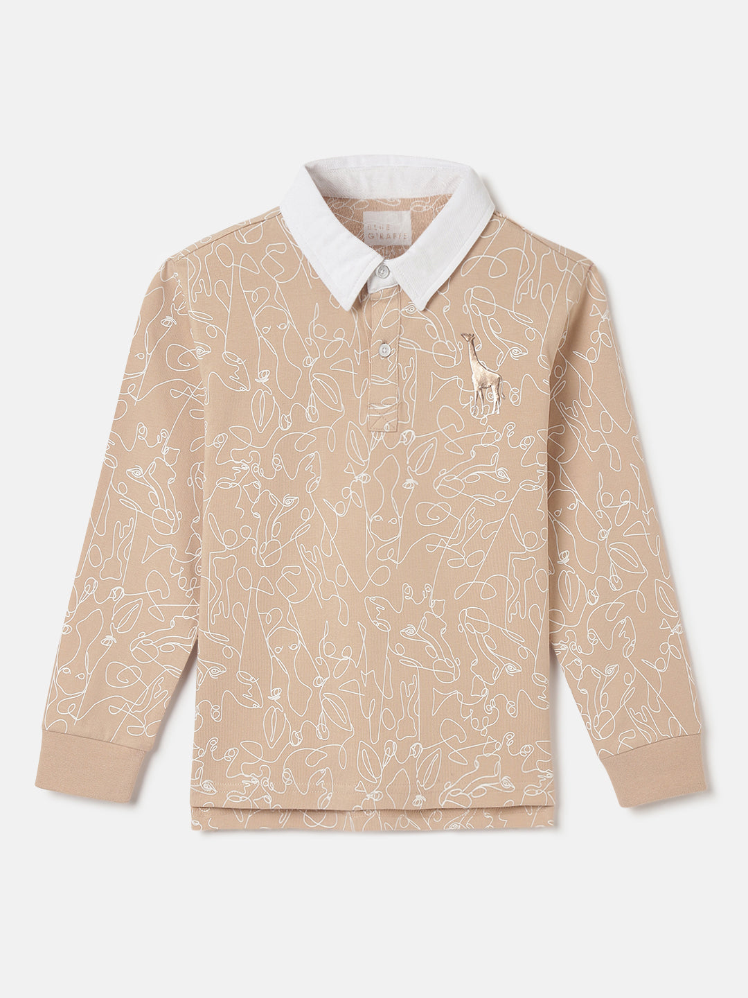 Blue Giraffe Boys Beige Abstract Polo Collar Full Sleeves Tshirt