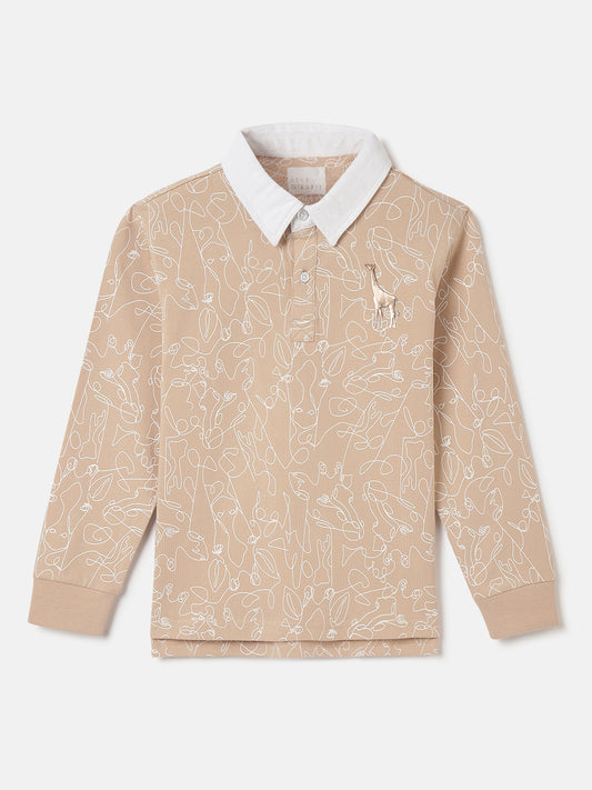 Blue Giraffe Boys Beige Abstract Polo Collar Full Sleeves Tshirt