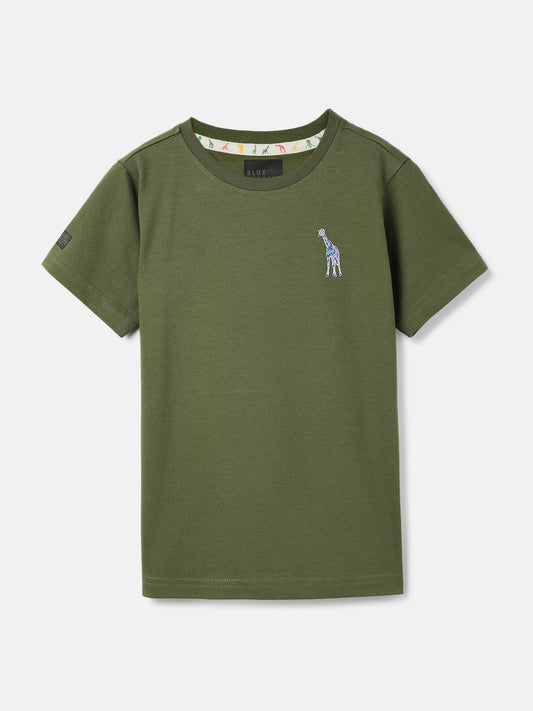 Blue Giraffe Boys Olive Solid Round Neck  Short Sleeve Tshirt