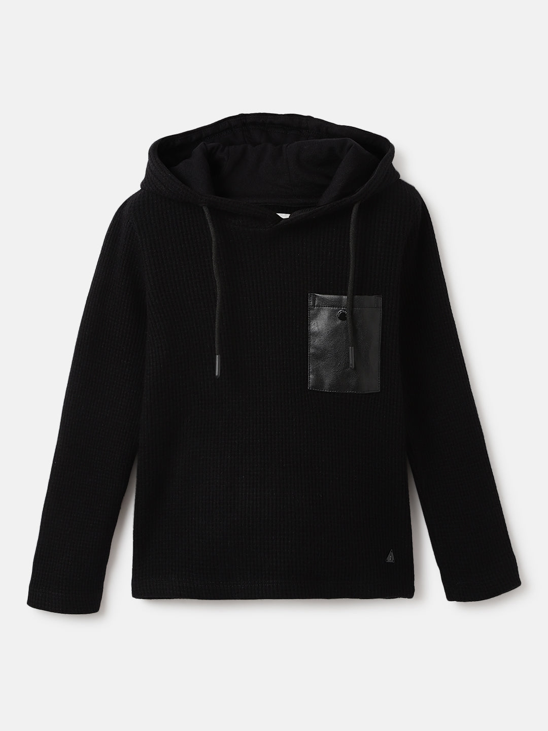 Blue Giraffe Boys Black Solid Hooded Full Sleeves Tshirt