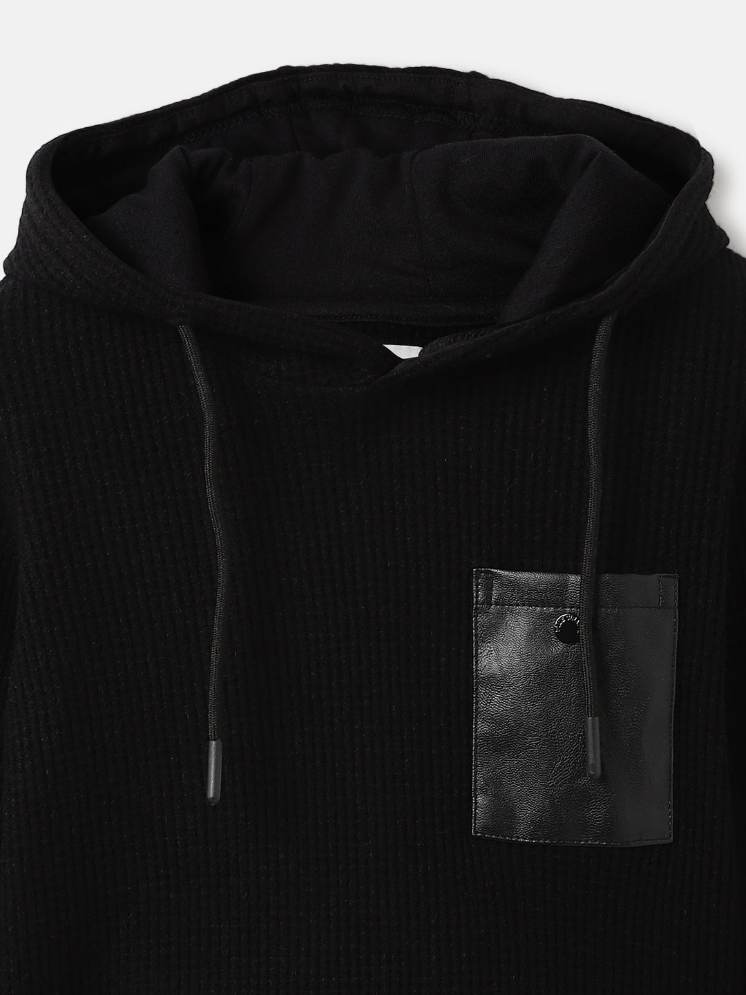 Blue Giraffe Boys Black Solid Hooded Full Sleeves Tshirt