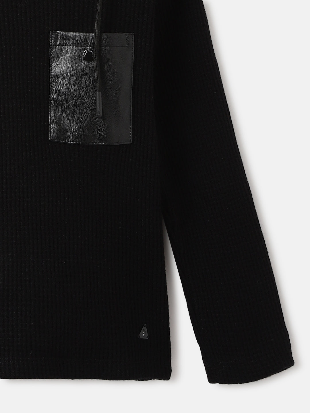 Blue Giraffe Boys Black Solid Hooded Full Sleeves Tshirt