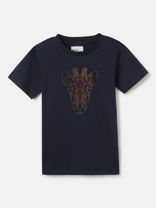 Blue Giraffe Boys Navy Blue Embellished Round Neck Short Sleeves Tshirt