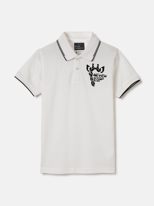 Blue Giraffe Boys White Solid Polo Collar Short Sleeves Tshirt